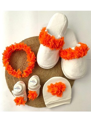 İrembaby Anne Bebek Lohusa Seti Turuncu Çiçekli Lohusa Tacı Terlik Bebek Ayakkabı Bebek Şapkası Lohusa Takımı