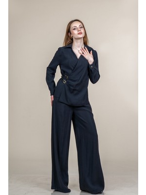 MissVina Pile Arası Kemer Detaylı Ceket ve Beli Lastikli Cepli Rahat Kesim Pantolon Takım 1291