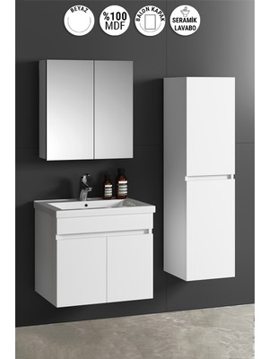 Özceden Çiğdem 55+35 cm Beyaz Balon Mdf Seramik Lavabolu Sepetli Asma Banyo Dolabı Takımı