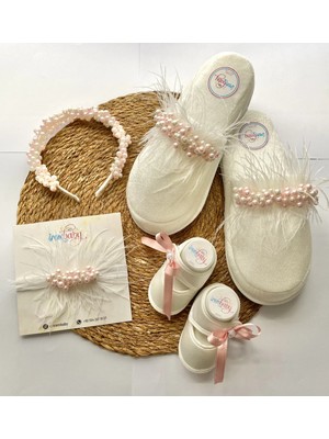 İrembaby Anne Bebek Lohusa Seti Pembe Incili Tüylü Lohusa Tacı Terliği ve Bebek Ayakkabı Takımı Özel Tasarım