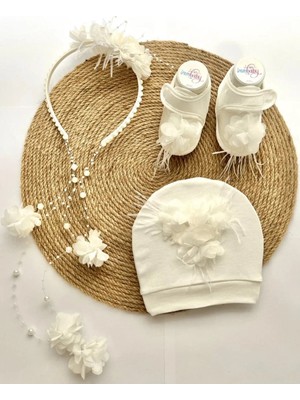 İrembaby Anne Bebek Lohusa Seti Beyaz Çiçekli Incili Lohusa Tacı Bebek Ayakkabısı ve Şapkası Lohusa Takımı