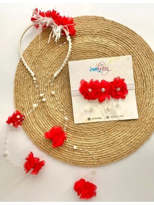İrembaby Anne Bebek Lohusa Seti Kırmızı Çiçekli Incili Lohusa Tacı Bebek Saç Bandı Takımı
