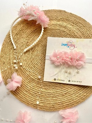 İrembaby Anne Bebek Lohusa Seti Beyaz Çiçekli Incili Lohusa Tacı Saç Bandı Takımı