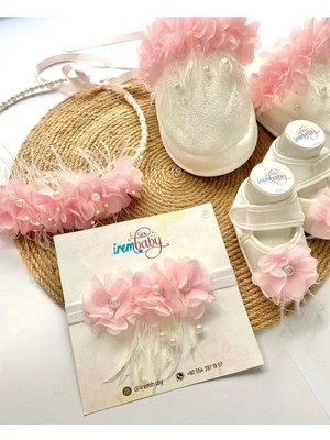 İrembaby Anne Bebek Lohusa Seti Beyaz Çiçekli Incili Lohusa Tacı Terliği Bebek Ayakkabısı ve Şapkası Takımı