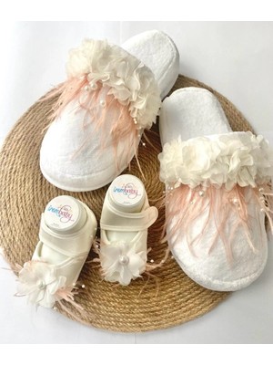 İrembaby Anne Bebek Lohusa Seti Pudra Pembe Tüylü Incili Terlik Bebek Ayakkabısı Lohusa Takımı Çekim-Mevlüt