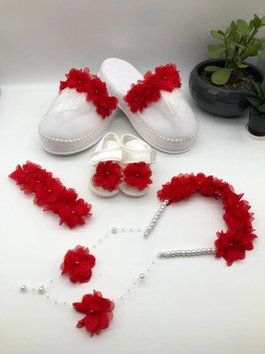 İrembaby Anne Bebek Kırmızı Çiçekli Logusa Seti Terlik Taç Bandana Bebek Patiği