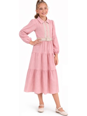 İrem Çocuk Giyim Kız Çocuk Düğme Kapamalı Dantel Detaylı Kemerli Diz Altı Boy Astarlı Pembe Renk Elbise