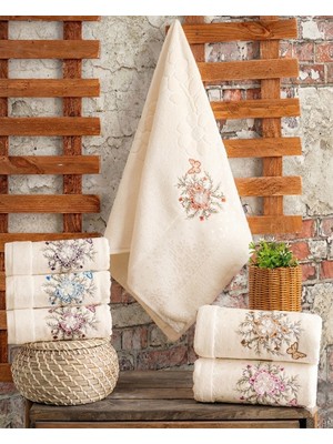 Hazangülü Collection Buldan Üretimi Çeyizlik Nakışlı Alya Kadife Krem 6’lı El/yüz Havlusu | 50X90
