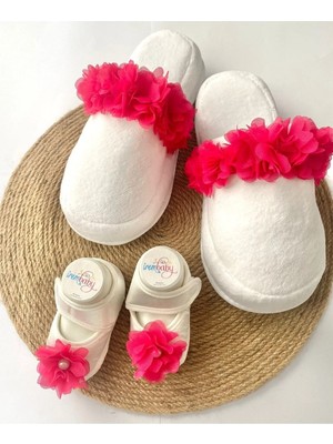 İrembaby Anne Bebek Lohusa Seti Fuşya Tüylü Terlik Bebek Ayakkabısı Lohusa Takımı Çekim-Mevlüt