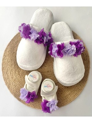 İrembaby Anne Bebek Lohusa Seti Mor Lila Çiçekli Terlik ve Bebek Ayakkabısı Lohusa Takımı Çekim-Mevlüt