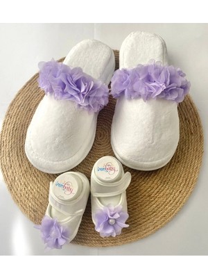 İrembaby Anne Bebek Lohusa Seti Lila Tüylü Terlik Bebek Ayakkabısı Lohusa Takımı Çekim-Mevlüt