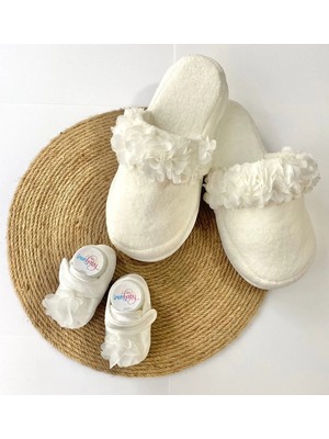 İrembaby Anne Bebek Lohusa Seti Beyaz Çiçekli Terlik ve Bebek Ayakkabısı Lohusa Takımı Çekim-Mevlüt