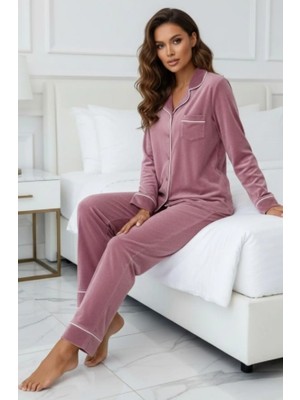 Pijamask Kadın Kadife Boydan Düğmeli Şerit Detaylı 2'li Pijama Takım