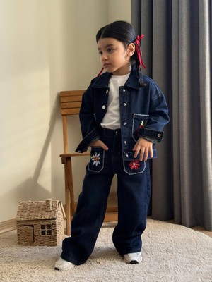 2kids2mom Çiçek Nakışlı Kot Ceket ,pantolon ve Tshirt 3 'lü Kız Çocuk Bayramlık Takım