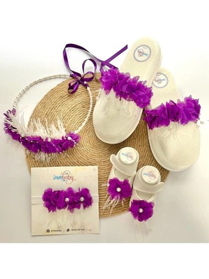 İrembaby Anne Bebek Lohusa Seti Mor Çiçekli Incili Lohusa Tacı Terliği Bebek Ayakkabı Saç Bandı Takımı