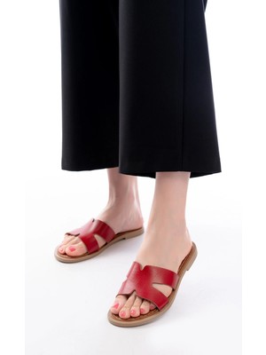 169-6100 Kırmızı Ortopedik Hakiki Deri Kadın Terlik