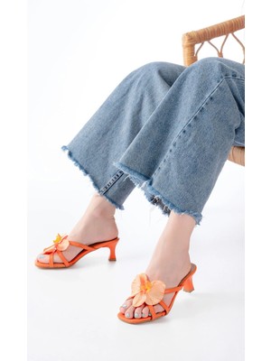 S-622 Orange Orkide Detaylı Ince Topuklu Kadın Terlik