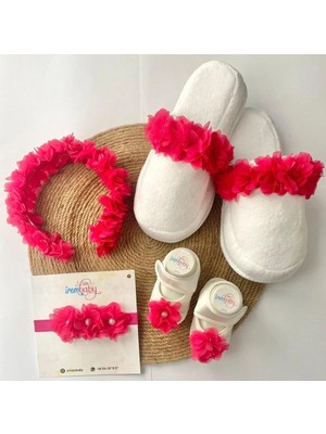 İrembaby Anne Bebek Lohusa Seti Fuşya Tüylü Lohusa Tacı Bebek Ayakkabısı Bebek Saç Bandı Lohusa Takımı
