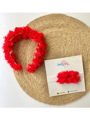 İrembaby Anne Bebek Lohusa Seti Kırmızı Çiçekli Lohusa Tacı ve Bebek Şapkası Lohusa Takımı