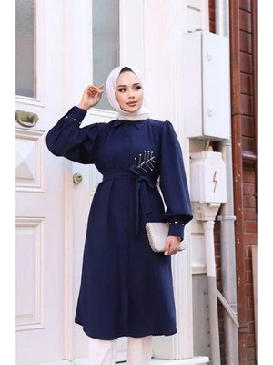 Tesettür Diyarı Linda Kumaş Taş Detaylı Tunik Lacivert