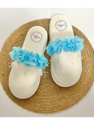 İrembaby Anne Lohusa Mavi Çiçekli Incili Lohusa Terliği Gelin/düğün/çekim