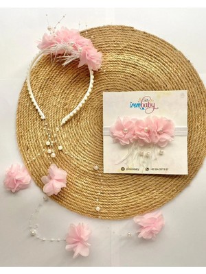 İrembaby Anne Bebek Lohusa Seti Pembe Çiçekli Incili Lohusa Tacı Saç Bandı Takımı