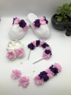 İrembaby Anne Bebek Logusa Seti Mor Pembe Çiçekli Terlik Taç Bandana Patik