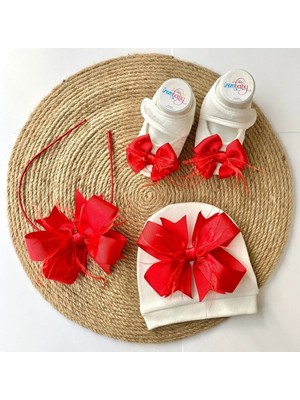İrembaby Anne Bebek Lohusa Seti Kırmızı Lohusa Tacı Bebek Şapkası ve Bebek Ayakkabısı Lohusa Takımı