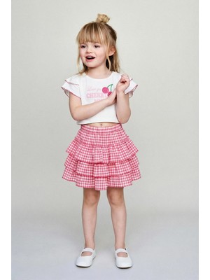Magu Kız Çocuk Pamuklu Ekru Kiraz Baskılı T-Shirt ve Pembe Pötikare Etek Takım