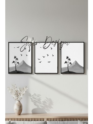 Safir Design Modern Siyah Beyaz Doğa Temalı Üçlü Çerçeveli Tablo Seti