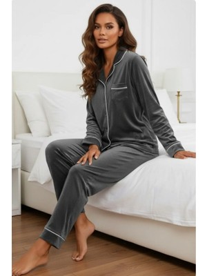 Pijamask Kadın Kadife Boydan Düğmeli Şerit Detaylı 2'li Pijama Takım