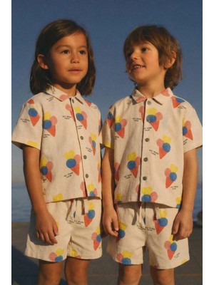 Magu Çocuk Pamuklu Bej Dondurma Desenli Gömlek ve Şort Takım