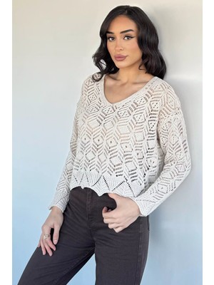 Gülseli Kadın V Yaka Ajurlu Triko Bluz P-00020423