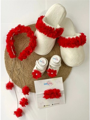 İrembaby Anne Bebek Lohusa Seti Kırmızı Çiçek Lohusa Tacı Terlik Bebek Ayakkabı Bebek Saç Bandı Lohusa Takımı