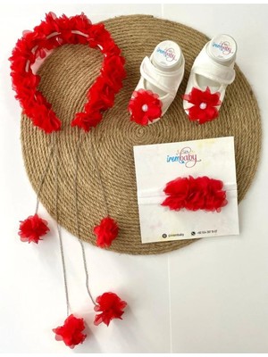 İrembaby Anne Bebek Lohusa Seti Kırmızı Çiçekli Lohusa Tacı Bebek Ayakkabısı ve Bebek Saç Bandı Lohusa Takımı