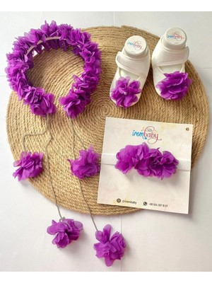 İrembaby Anne Bebek Lohusa Seti Mor Çiçekli Lohusa Tacı Bebek Ayakkabısı ve Bebek Saç Bandı Lohusa Takımı