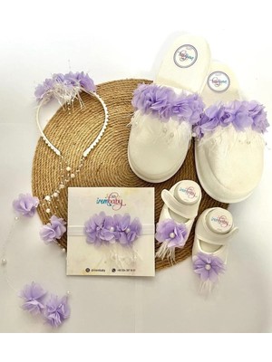 İrembaby Anne Bebek Lohusa Seti Lila Çiçekli Incili Lohusa Tacı Terliği Bebek Ayakkabı Saç Bandı Takımı