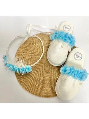 İrembaby Anne Lohusa Seti Mavi Çiçekli Incili Tasarım Lohusa Tacı Terliği Takımı Çekim