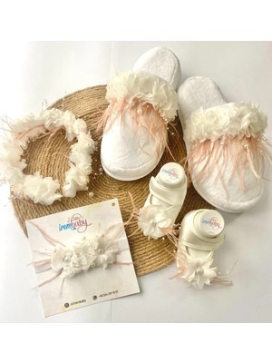 İrembaby Anne Bebek Lohusa Seti Pudra Tüylü Incili Lohusa Tacı Bebek Ayakkabısı Bebek Saç Bandı Lohusa Takımı