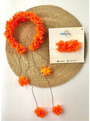 İrembaby Anne Bebek Lohusa Seti Turuncu Sarkan Küpeli Çiçekli Lohusa Tacı ve Bebek Saç Bandı Lohusa Takımı