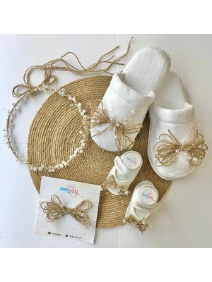 İrembaby Anne Bebek Lohusa Seti Hasırlı Lohusa Tacı Terlik Bebek Ayakkabısı ve Bebek Saç Bandı Lohusa Takımı