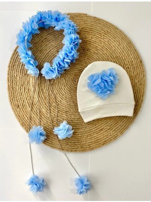 İrembaby Anne Bebek Lohusa Seti Mavi Sarkan Küpeli Çiçekli Lohusa Tacı ve Bebek Şapkası Lohusa Takımı