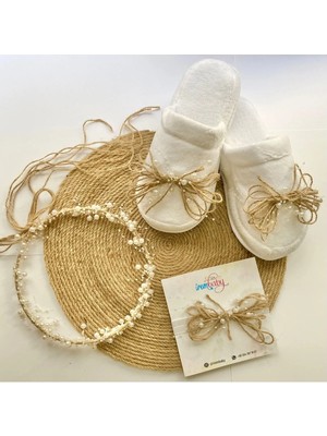 İrembaby Anne Bebek Lohusa Seti Hasırlı Incili Lohusa Tacı Terlik ve Bebek Saç Bandı Lohusa Takımı
