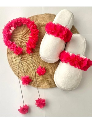 İrembaby Anne Lohusa Seti Fuşya Sarkan Küpeli Çiçekli Lohusa Tacı ve Terlik Lohusa Takımı