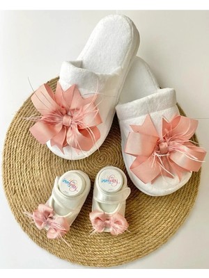 İrembaby Anne Bebek Lohusa Seti Pudra Pembe Tüylü Terlik ve Bebek Ayakkabısı Lohusa Takımı Çekim-Mevlüt