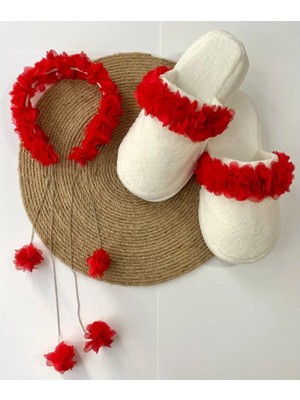 İrembaby Anne Lohusa Seti Kırmızı Sarkan Küpeli Çiçekli Lohusa Tacı ve Terlik Lohusa Takımı