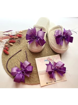 İrembaby Anne Bebek Lohusa Seti Mor Lila Tüylü Fiyonk Lohusa Tacı Terlik ve Bebek Saç Bandı Lohusa Takımı