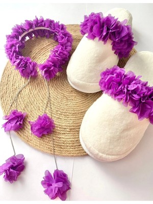İrembaby Anne Lohusa Seti Mor Sarkan Küpeli Çiçekli Lohusa Tacı ve Terlik Lohusa Takımı