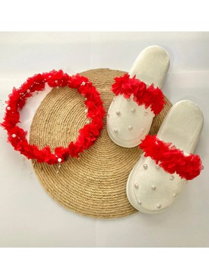 İrembaby Anne Lohusa Seti Kırmızı Incili Çiçekli Lohusa Tacı ve Terliği Lohusa Takımı