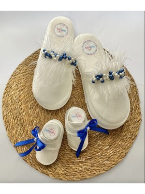 İrembaby Anne Bebek Lohusa Seti Mavi Incili Tüylü Lohusa Terliği ve Bebek Ayakkabısı Takımı Özel Tasarım